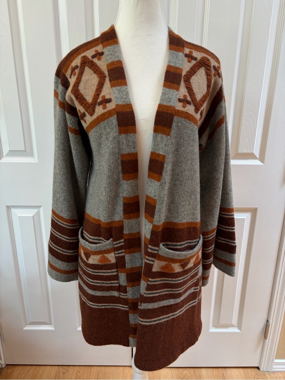 Porter House by Regina Porter Gray and Rust Wool Belted Long Cardigan Size S